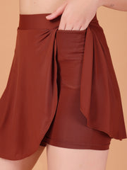 Women’s Cocoa Brown High Waist Skirt with Built-in Shorts & Hidden Pocket – Stretch, Breathable & Anti-Chafe