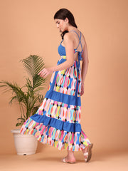 Blue Geometric printed Double Georgette Maxi Dress