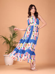 Blue Geometric printed Double Georgette Maxi Dress