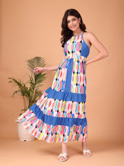 Blue Geometric printed Double Georgette Maxi Dress