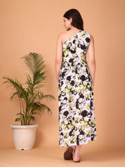 White Floral Double Georgette One-Shoulder Maxi Dress
