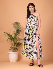 White Floral Double Georgette One-Shoulder Maxi Dress