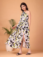 White Floral Double Georgette One-Shoulder Maxi Dress