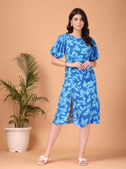 Blue Leaf Printed Double georgette Cutout Dress