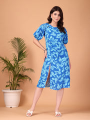 Blue Leaf Printed Double georgette Cutout Dress