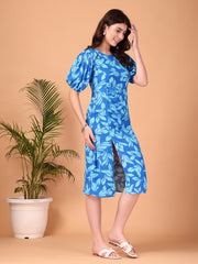 Blue Leaf Printed Double georgette Cutout Dress
