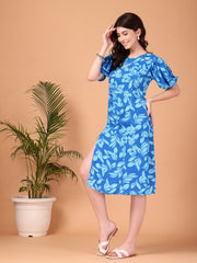 Blue Leaf Printed Double georgette Cutout Dress