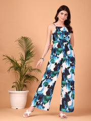 Abstract Aqua Double Georgette Jumpsuit