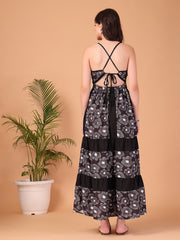 Black Floral printed Double Georgette Maxi Dress