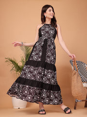 Black Floral printed Double Georgette Maxi Dress