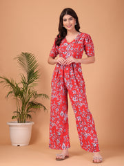Red Floral printed Double Georgette Jumpsuit