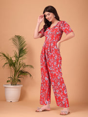 Red Floral printed Double Georgette Jumpsuit