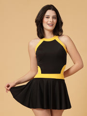 CUKOO Padded Black with Yellow Border Skirted Swimwear