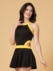 CUKOO Padded Black with Yellow Border Skirted Swimwear