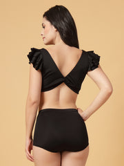 CUKOO Padded Black Ruffle-Shoulder Two-Piece Swimwear