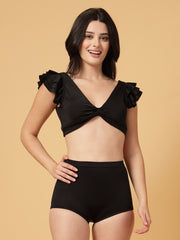 CUKOO Padded Black Ruffle-Shoulder Two-Piece Swimwear