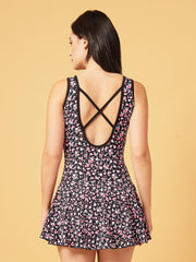 CUKOO Padded Black Floral Printed Skirted Swimwear