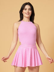 CUKOO Padded Retro Pink Striped Skirted Swimwear
