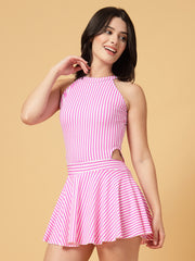 CUKOO Padded Retro Pink Striped Skirted Swimwear