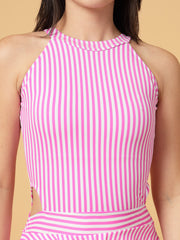 CUKOO Padded Retro Pink Striped Skirted Swimwear