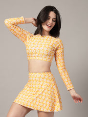 CUKOO Padded Yellow Floral Full Sleeve Skirtini Swimwear