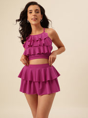 CUKOO Padded Magenta Two piece Skirtini Swimwear