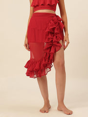CUKOO Red Ruffled cover up Sarong