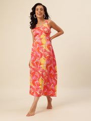 CUKOO Pink & Orange Tropical Print Resort Wear Beach Wear Dress for Women