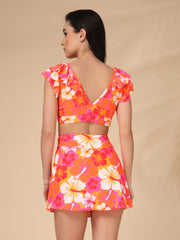 Orange Hibiscus Floral Ruffle Two-Piece Padded Skirted Swimwear
