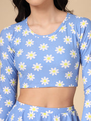 Blue Daisy Long-Sleeve Two-Piece Padded Skirted Swimwear