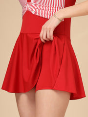 Red & White Striped Halter Neck One-Piece Padded Skirted Swimwear