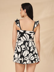 Black with White Floral Print Skirted Swimwear / Swimsuit with Attached Shorts