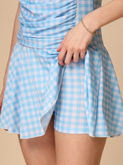 Blue Gingham Lace-Up One-Piece Padded Skirted Swimwear with Attached Shorts - CUKOO