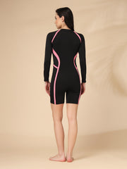 Black & Pink Long-Sleeve One-Piece Padded Swimwear with Attached Shorts