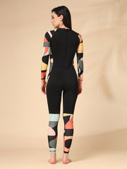 One-Piece Full Length Black Geometric Printed Padded Swimming costume / Swimwear