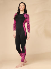 One-Piece Full Length Black-Pink Animal Printed Padded Swimming costume / Swimwear / Body Suit