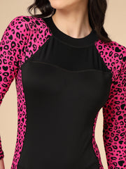 One-Piece Full Length Black-Pink Animal Printed Padded Swimming costume / Swimwear / Body Suit