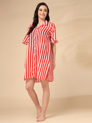 Red & White Striped Georgette Button-Down Beach Shirt Cover-Up