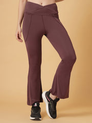 CUKOO High Waist Burgundy Flared Workout Leggings for women with Crossover Waist & Side Pockets – Stretch & Breathable Athleisure Pants