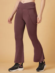 CUKOO High Waist Burgundy Flared Workout Leggings for women with Crossover Waist & Side Pockets – Stretch & Breathable Athleisure Pants