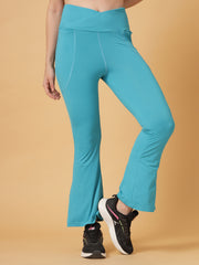 CUKOO Aqua Blue High Waist Flared Workout Leggings for women with Pockets – Stretch & Breathable Athleisure Pants