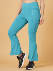 CUKOO Aqua Blue High Waist Flared Workout Leggings for women with Pockets – Stretch & Breathable Athleisure Pants