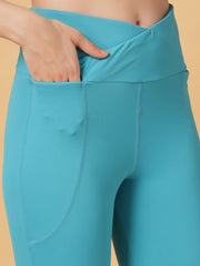 CUKOO Aqua Blue High Waist Flared Workout Leggings for women with Pockets – Stretch & Breathable Athleisure Pants