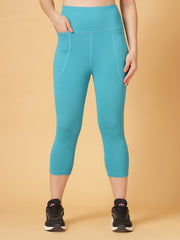 CUKOO Sky-Blue High Waist Capri, Workout 3/4 Leggings for women with Pockets – Stretch & Breathable Athleisure Pants