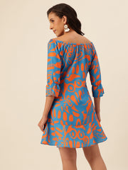 CUKOO Blue & Orange Printed Resort Wear Beach Wear Dress for Women