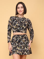 CUKOO Padded Black-yellow Floral Full Sleeve Skirtini Swimwear