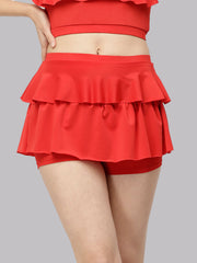 CUKOO Red Solid Frill Swim Bottom for Women