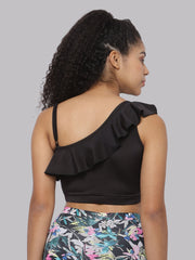 CUKOO Padded Solid Black Frill Swim Top
