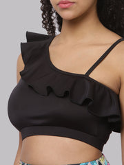 CUKOO Padded Solid Black Frill Swim Top