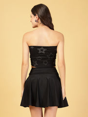 Cukoo Non-Padded Black Star print Swim top and Black Swim Skirt